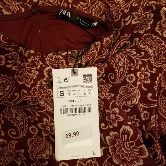 NWT size S, Zara dark red floral printed belted dress - Picture 7 of 9